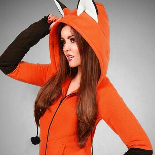Autumn Women Thumb Sleeve Fox Ears Patchwork Hoodies Kawaii zipper Tracksuit